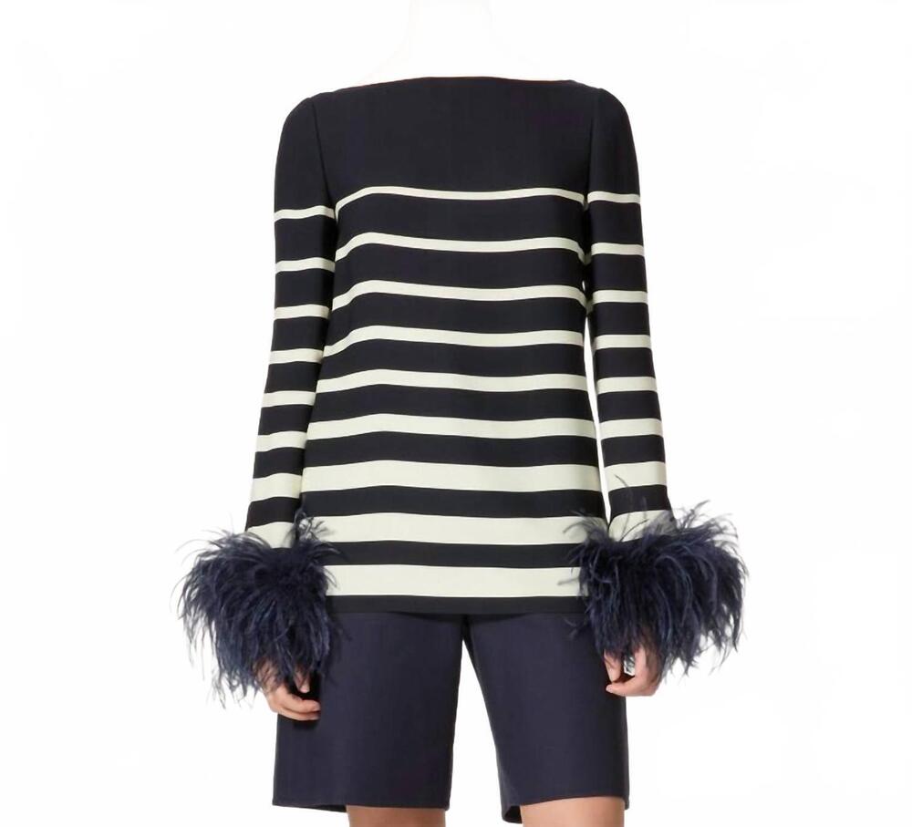 NEW VALENTINO GARAVANI striped feather-trimmed blouse in avorio/navy